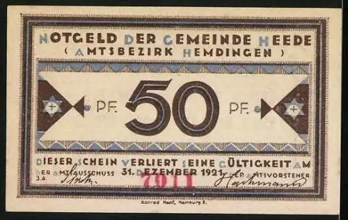 Notgeld Heede /Bez. Hemdingen 1921, 50 Pfennig, Ornamente mit Stern und Kreuz, Hoffe wenig...