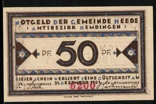 Notgeld Heede /Bez. Hemdingen 1921, 50 Pfennig, Ornamente mit Stern und Kreuz, Schaue vorwärts...
