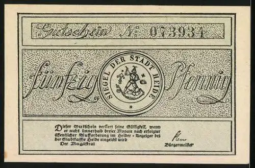 Notgeld Heide, 50 Pfennig, Ehrenbürger Klaus Groth, Siegel der Stadt