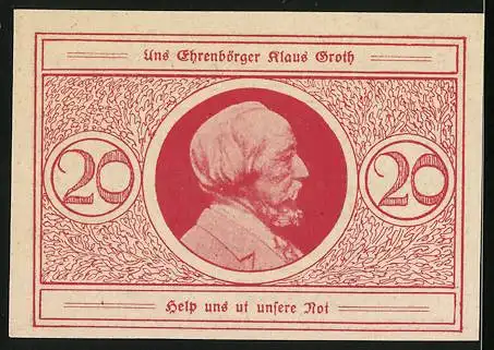 Notgeld Heide, 20 Pfennig, Ehrenbürger Klaus Groth, Siegel der Stadt