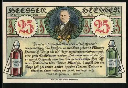 Notgeld Heessen /Bad Eilsen 1921, 25 Pfennig, Wirkungsstätte und Portrait Wunder-Doktor, Portrait, Medizin