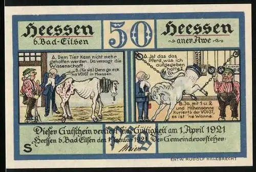 Notgeld Heessen /Bad Eilsen 1921, 50 Pfennig, Voigts Kur- und Badehaus, Menschenmenge, Geheiltes Pferd