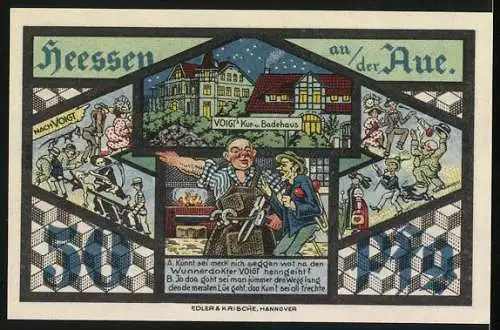 Notgeld Heessen /Bad Eilsen 1921, 50 Pfennig, Voigts Kur- und Badehaus, Menschenmenge, Geheiltes Pferd