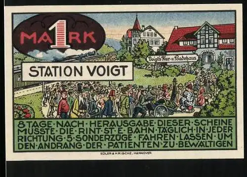 Notgeld Heessen /Bad Eilsen 1921, 1 Mark, Voigts Kur- und Badehaus mit Menschenmenge, Lichtbad