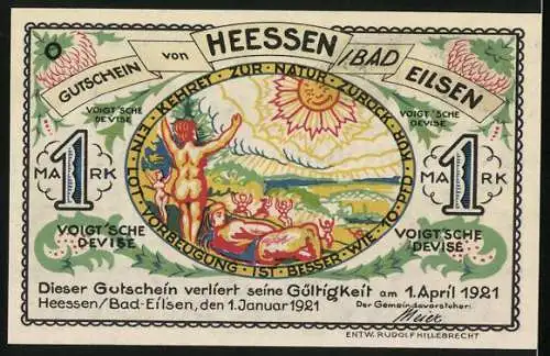 Notgeld Heessen /Bad Eilsen 1921, 1 Mark, Voigts Kur- und Badehaus mit Menschenmenge, Lichtbad