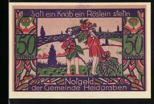 Notgeld Heidgraben /Bez. Nordende 1922, 50 Pfennig, Knabe und Mädchen mit Röslein, Ornamente