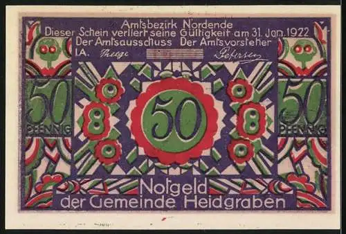 Notgeld Heidgraben /Bez. Nordende 1922, 50 Pfennig, Knabe und Mädchen mit Röslein, Ornamente