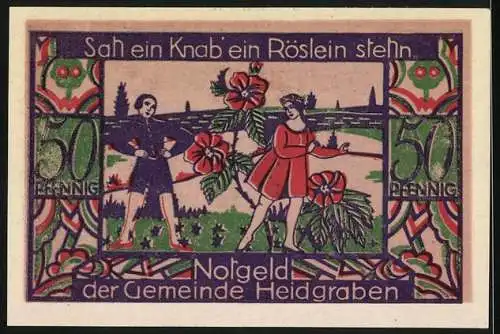 Notgeld Heidgraben /Bez. Nordende 1922, 50 Pfennig, Junges Paar mit Röslein, Ornamente