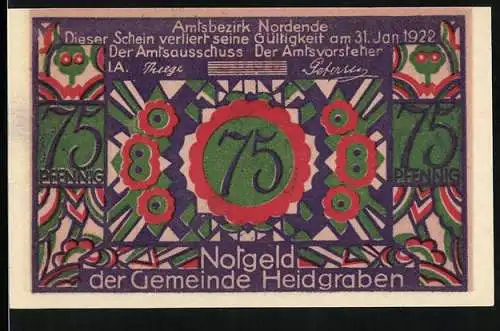 Notgeld Heidgraben /Bez. Nordende 1922, 75 Pfennig, Vereintes Paar mit Röslein, Ornamente