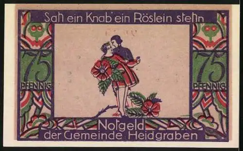 Notgeld Heidgraben /Bez. Nordende 1922, 75 Pfennig, Vereintes Paar mit Röslein, Ornamente