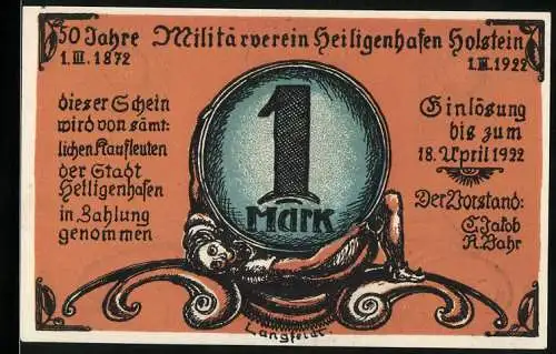 Notgeld Heiligenhafen /Holstein 1922, 1 Mark, 50 Jahre Militärverein, Kriegerdenkmal