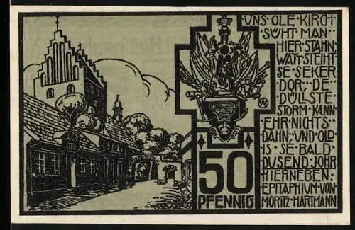 Notgeld Heiligenhafen 1923, 50 Pfennig, Wappen, Strasse mit Turmgebäude