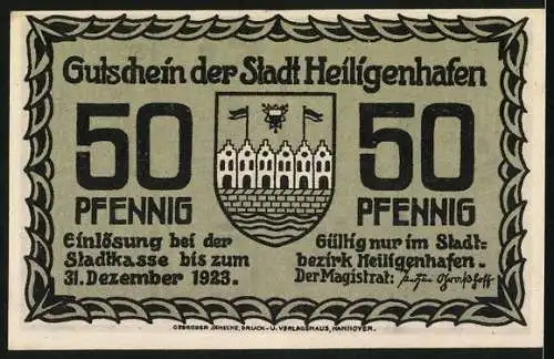 Notgeld Heiligenhafen 1923, 50 Pfennig, Wappen, Strasse mit Turmgebäude