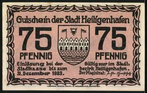 Notgeld Heiligenhafen 1923, 75 Pfennig, Wappen, Altes Rathaus