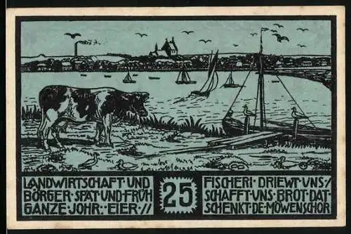 Notgeld Heiligenhafen 1923, 25 Pfennig, Wappen, Ortsansicht vom Wasser mit weidender Kuh