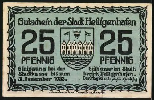 Notgeld Heiligenhafen 1923, 25 Pfennig, Wappen, Ortsansicht vom Wasser mit weidender Kuh