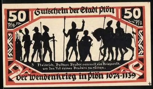 Notgeld Plön 1921, 50 Pfennig, Wappen, Wendenkrieg: Heinrich beim Sammeln von Soldaten