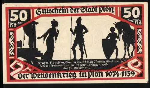 Notgeld Plön 1921, 50 Pfennig, Wappen, Wendenkrieg: Krutos Hausfrau wechselt die Seiten