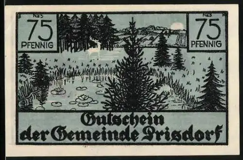 Notgeld Prisdorf /Bez. Pinneberg, 75 Pfennig, Eichenlaub, Posthorn, Seelandschaft mit weissem Hirsch