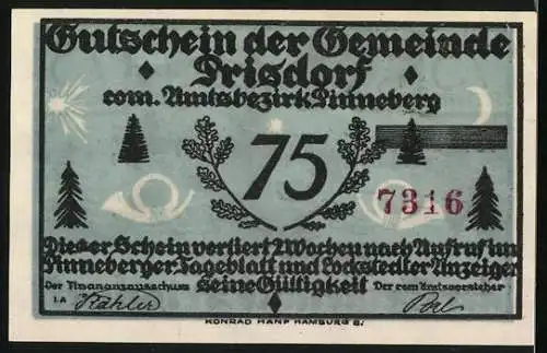 Notgeld Prisdorf /Bez. Pinneberg, 75 Pfennig, Eichenlaub, Posthorn, Seelandschaft mit weissem Hirsch