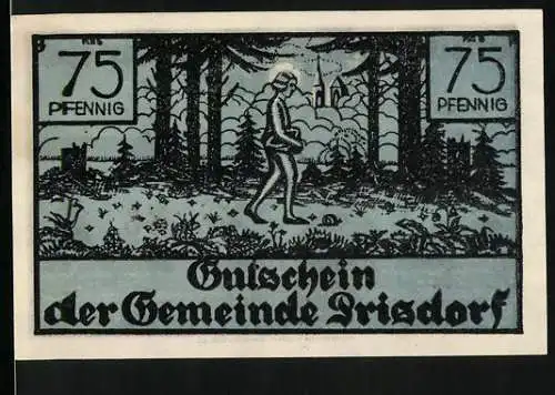 Notgeld Prisdorf /Bez. Pinneberg, 75 Pfennig, Eichenlaub, Posthorn, Heiliger im Wald