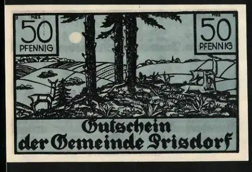 Notgeld Prisdorf /Bez. Pinneberg, 50 Pfennig, Eichenlaub, Posthorn, Landschaft mit Rehen vor Ortspanorama