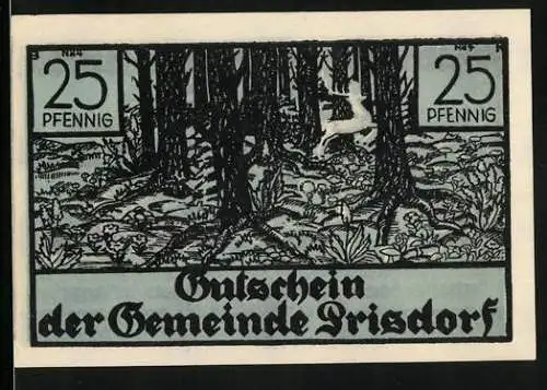 Notgeld Prisdorf /Bez. Pinneberg, 25 Pfennig, Eichenlaub, Posthorn, Weisser Hirsch im Wald