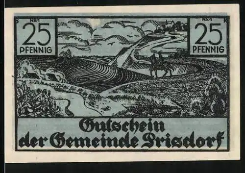 Notgeld Prisdorf /Bez. Pinneberg, 25 Pfennig, Eichenlaub, Posthorn, Landschaft mit Reiter