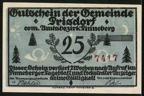 Notgeld Prisdorf /Bez. Pinneberg, 25 Pfennig, Eichenlaub, Posthorn, Landschaft mit Reiter