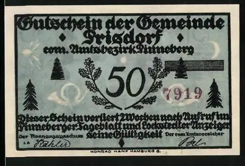 Notgeld Prisdorf /Bez. Pinneberg, 50 Pfennig, Eichenlaub, Posthorn, Anbetung des heiligen Hirschs