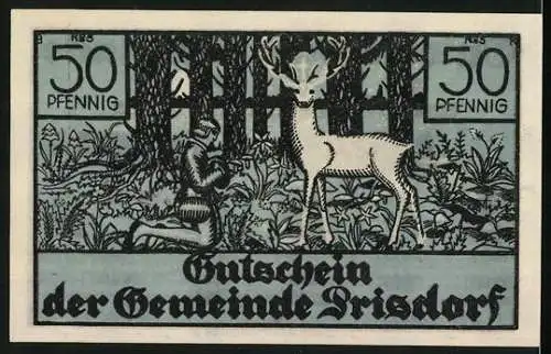 Notgeld Prisdorf /Bez. Pinneberg, 50 Pfennig, Eichenlaub, Posthorn, Anbetung des heiligen Hirschs