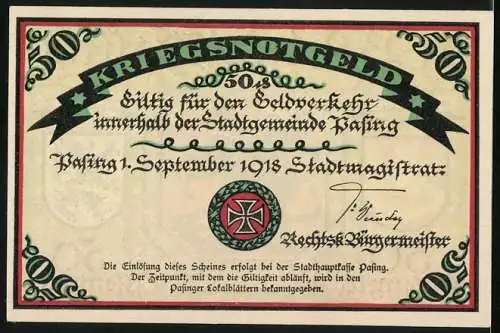 Notgeld Pasing 1918, 50 Pfennig, Wappen, Heiliger besiegt den Drachen