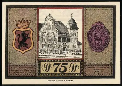 Notgeld Papenburg 1921, 75 Pfennig, Wappen und Siegel, Rathaus, Segelschiff