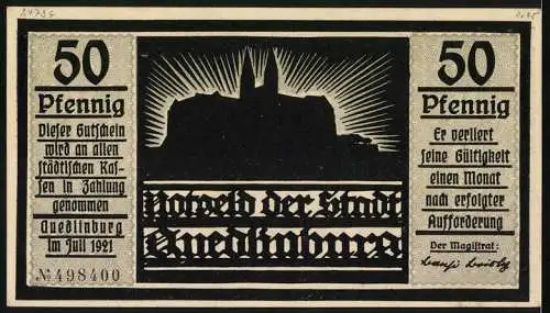 Notgeld Quedlinburg 1921, 50 Pfennig, Burg, Heinrich am Vogelherd