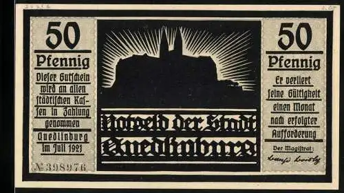 Notgeld Quedlinburg 1921, 50 Pfennig, Burg, Heinrich, Vogel und nahende Reiterschar