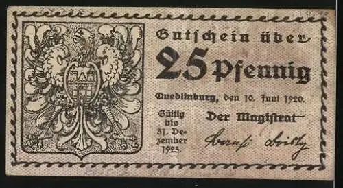 Notgeld Quedlinburg 1923, 25 Pfennig, Präge-Wappen, Adler