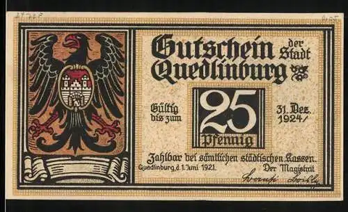 Notgeld Quedlinburg 1924, 25 Pfennig, Wappen, Klopstocks Geburtshaus