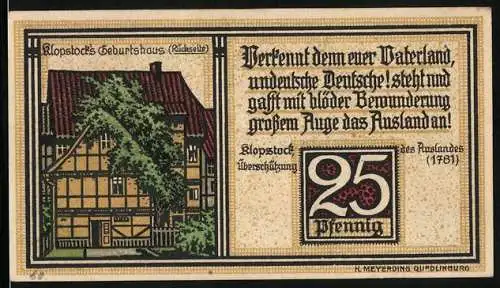 Notgeld Quedlinburg 1924, 25 Pfennig, Wappen, Klopstocks Geburtshaus