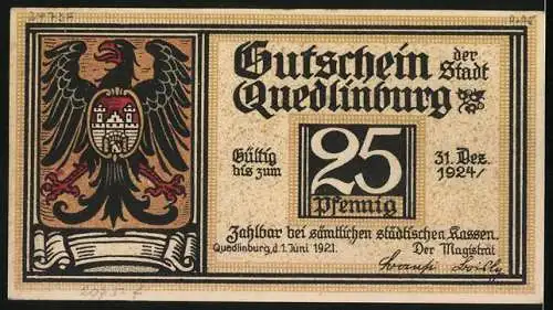 Notgeld Quedlinburg 1924, 25 Pfennig, Wappen, Klopstocks Geburtshaus