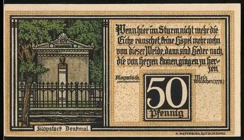 Notgeld Quedlinburg 1924, 50 Pfennig, Klopstock-Denkmal, Schloss Südseite