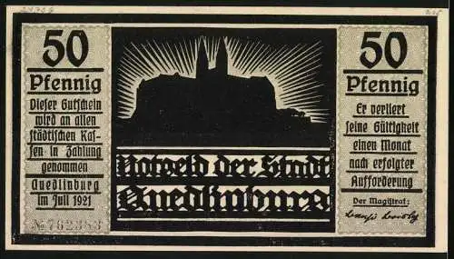 Notgeld Quedlinburg 1921, 50 Pfennig, Burg, Heinrich mit erhobener Faust