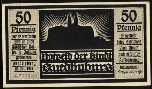 Notgeld Quedlinburg 1921, 50 Pfennig, Burg, Huldigung mit Krone