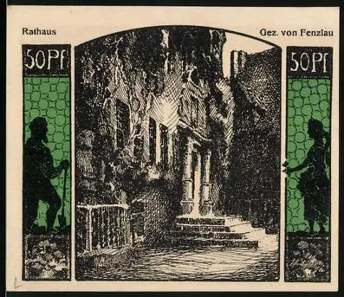 Notgeld Quedlinburg 1922, 50 Pfennig, Jubiläumsgutschein zur Tausendjahrfeier, Burg, Stadtbild, Rathaus