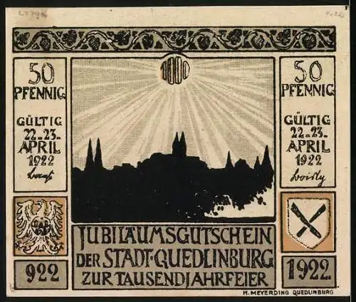 Notgeld Quedlinburg 1922, 50 Pfennig, Jubiläumsgutschein zur Tausendjahrfeier, Burg, Stadtbild, Rathaus