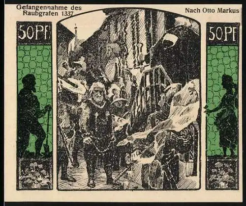 Notgeld Quedlinburg 1922, 50 Pfennig, Jubiläumsgutschein Tausendjahrfeier, Stadtbild, Wappen, Gefangennahme Raubgraf