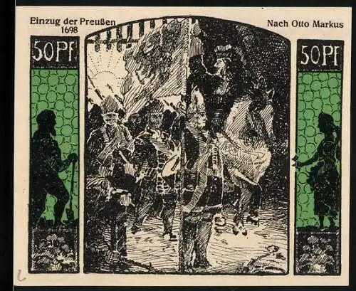 Notgeld Quedlinburg 1922, 50 Pfennig, Jubiläumsgutschein Tausendjahrfeier, Stadtbild, Wappen, Einzug der Preussen
