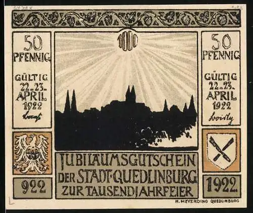 Notgeld Quedlinburg 1922, 50 Pfennig, Jubiläumsgutschein Tausendjahrfeier, Stadtbild, Wappen, Am Finkenherd