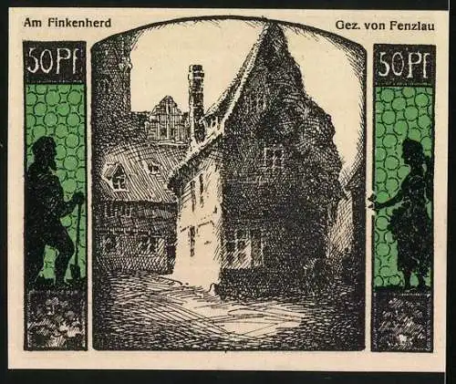 Notgeld Quedlinburg 1922, 50 Pfennig, Jubiläumsgutschein Tausendjahrfeier, Stadtbild, Wappen, Am Finkenherd