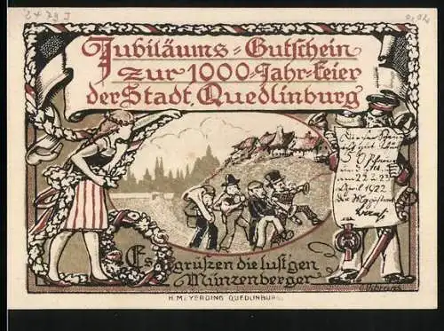 Notgeld Quedlinburg 1922, 50 Pfennig, Jubiläumsgutschein Tausendjahrfeier, Lustige Münzenberger, Musikanten und Tanz