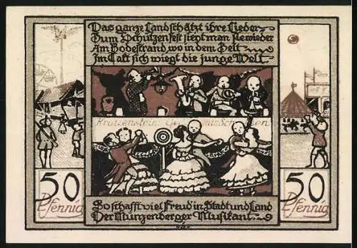 Notgeld Quedlinburg 1922, 50 Pfennig, Jubiläumsgutschein Tausendjahrfeier, Lustige Münzenberger, Musikanten und Tanz